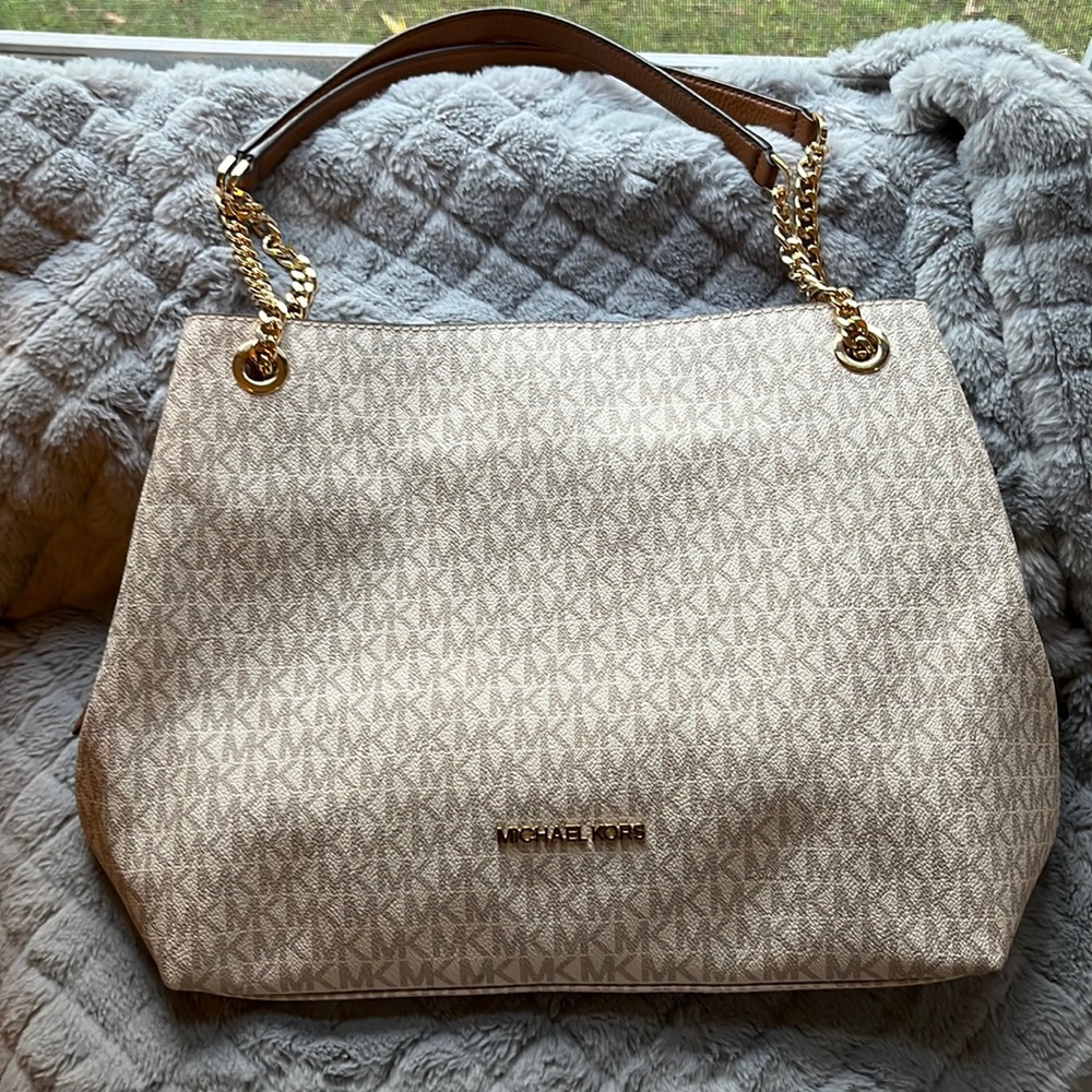 White brown gold Michael Kors multiple pockets bag